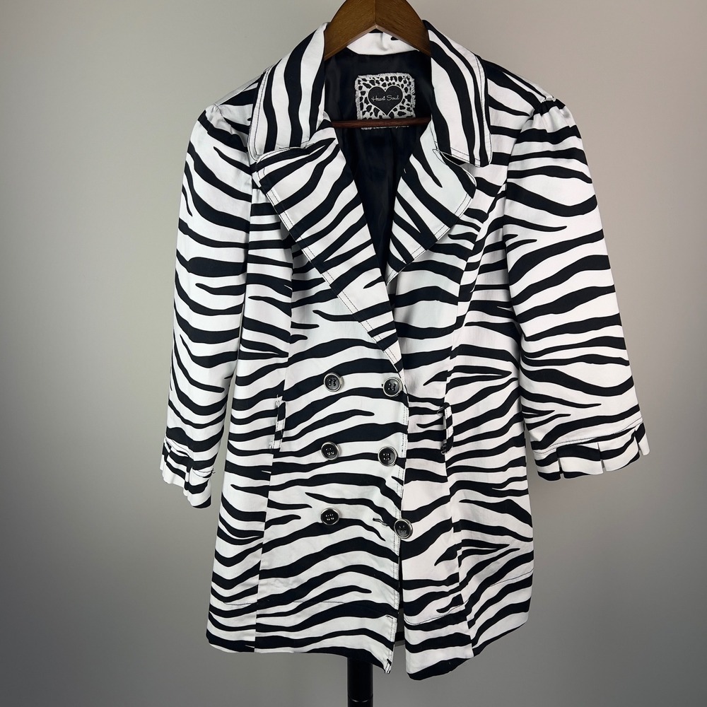 Heart Soul Zebra Print Trench Coat Black White Ruffle Hem 3/4 Sleeve Jacket L